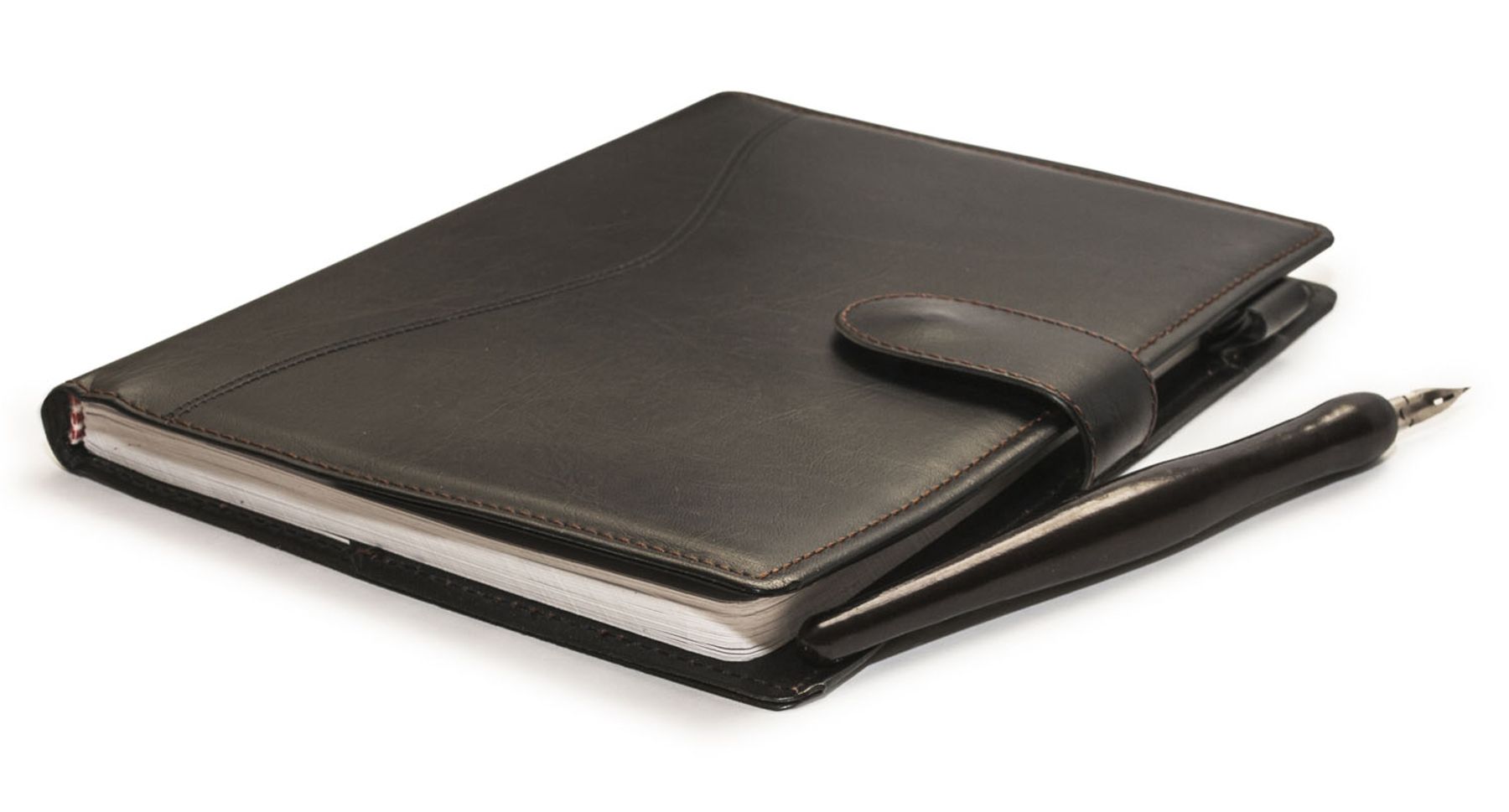 Schwarzer Taschenkalender mit Lederhülle und ein schwarzer Stift